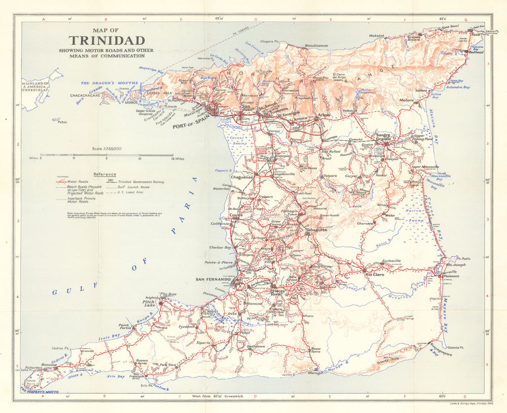 Map of Trinidad—motor roads & US leased areas: Chaguaramas WW2 naval base 1946