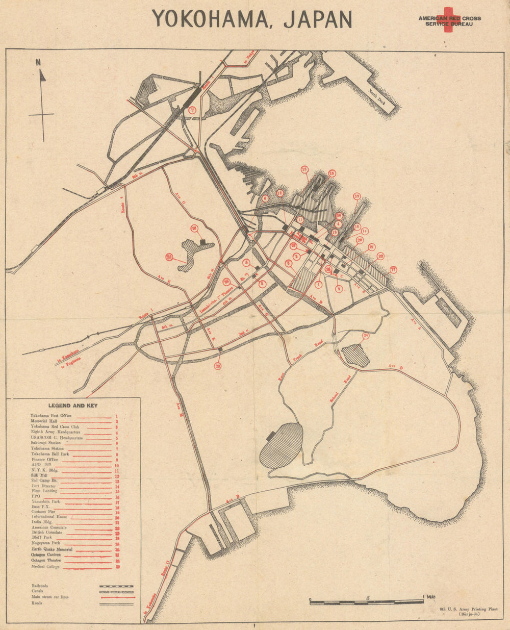 Yokohama, Japan—American Red Cross—8th Army WW2 occupation city plan c1945 map