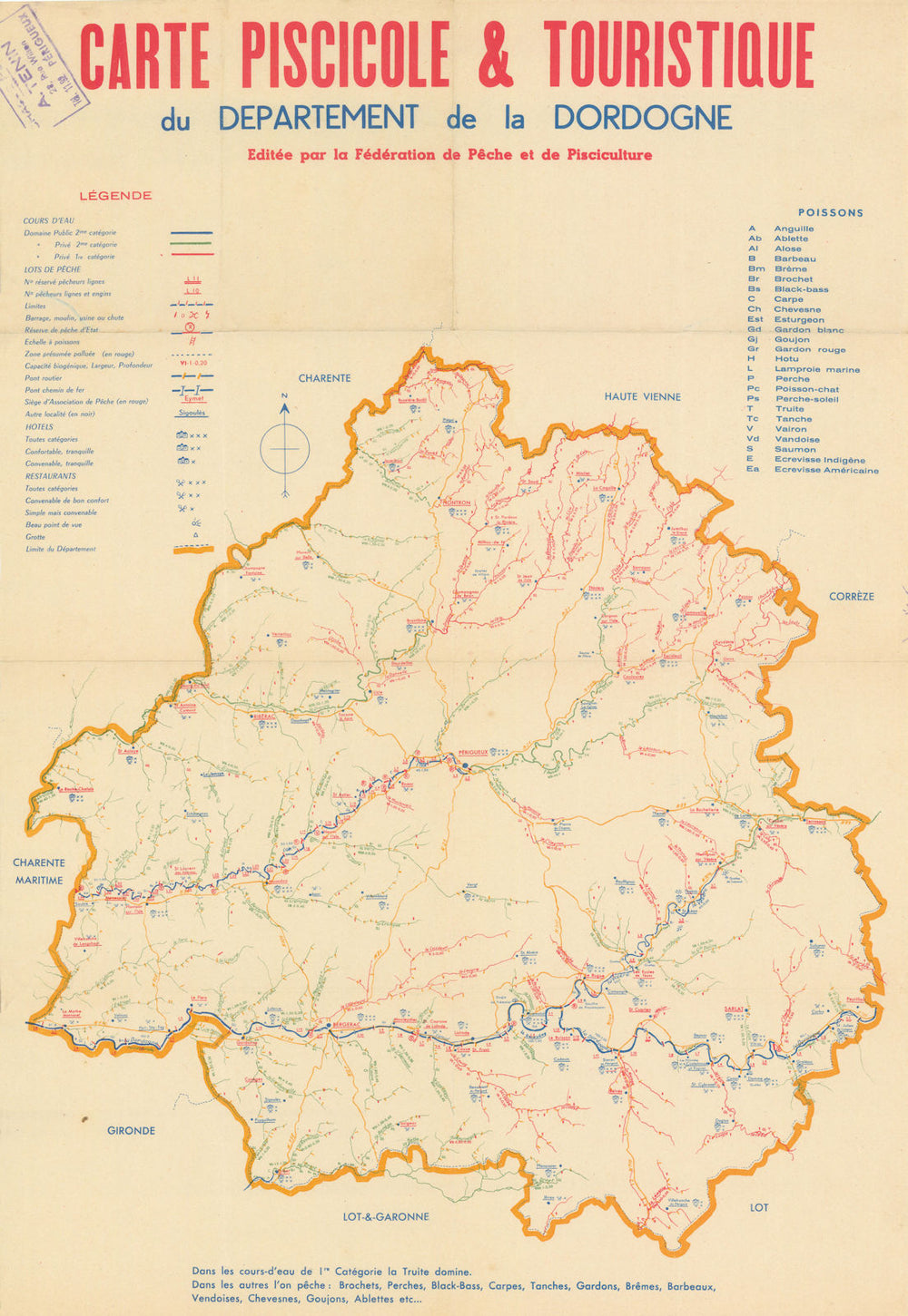 Dordogne—Carte piscicole & touristique—fish species, angling & rivers map c1955