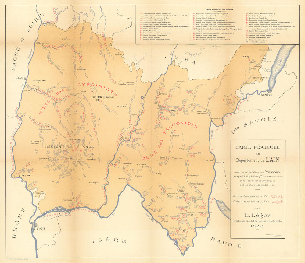 Carte piscicole du département de l’Ain—fishing map—species & rivers—Léger 1926