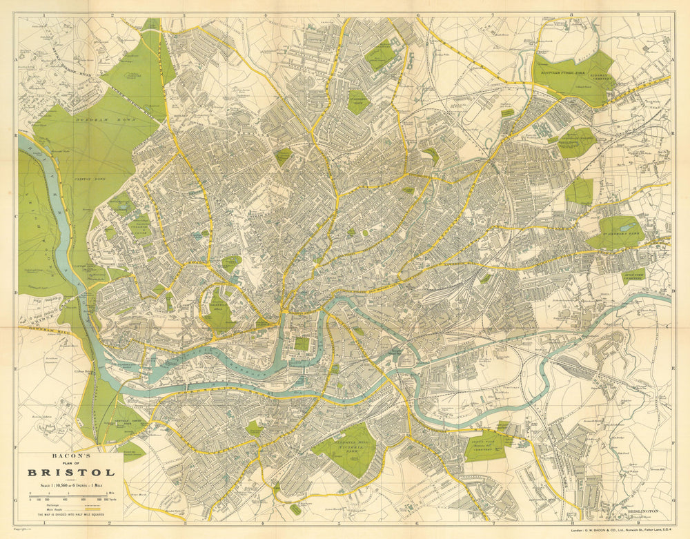 Bacon’s Plan of Bristol—Clifton, harbour & Temple Meads folding city map c1928