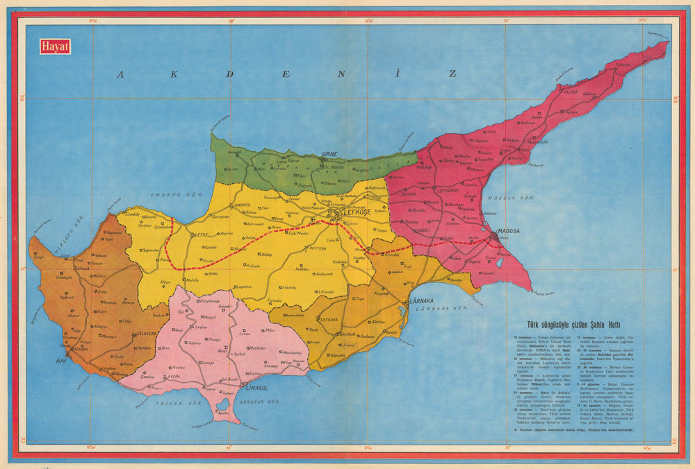 Cyprus—Turkish invasion—Şahin Line—drawn by force of Turkish arms—Hayat 1974 map