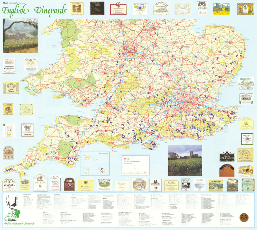 Hugh Johnson’s Map of the English Vineyards inc Nyetimber & Breaky Bottom 1989