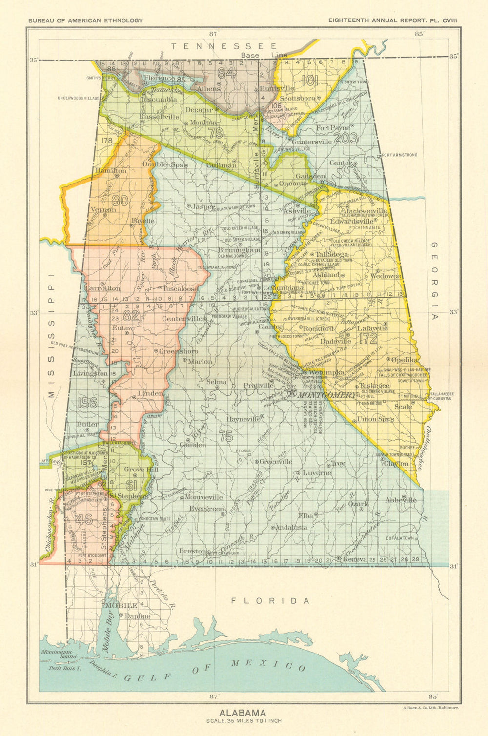 Alabama—Indian land cessions—Creek—Choctaw—Chickasaw—Cherokee—Royce 1899 map