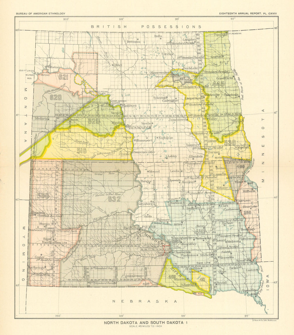 Dakota 1—Indian land cessions—Sioux—Mandan—Hidatsa—Arikara—Ojibwe—Royce 1899 map
