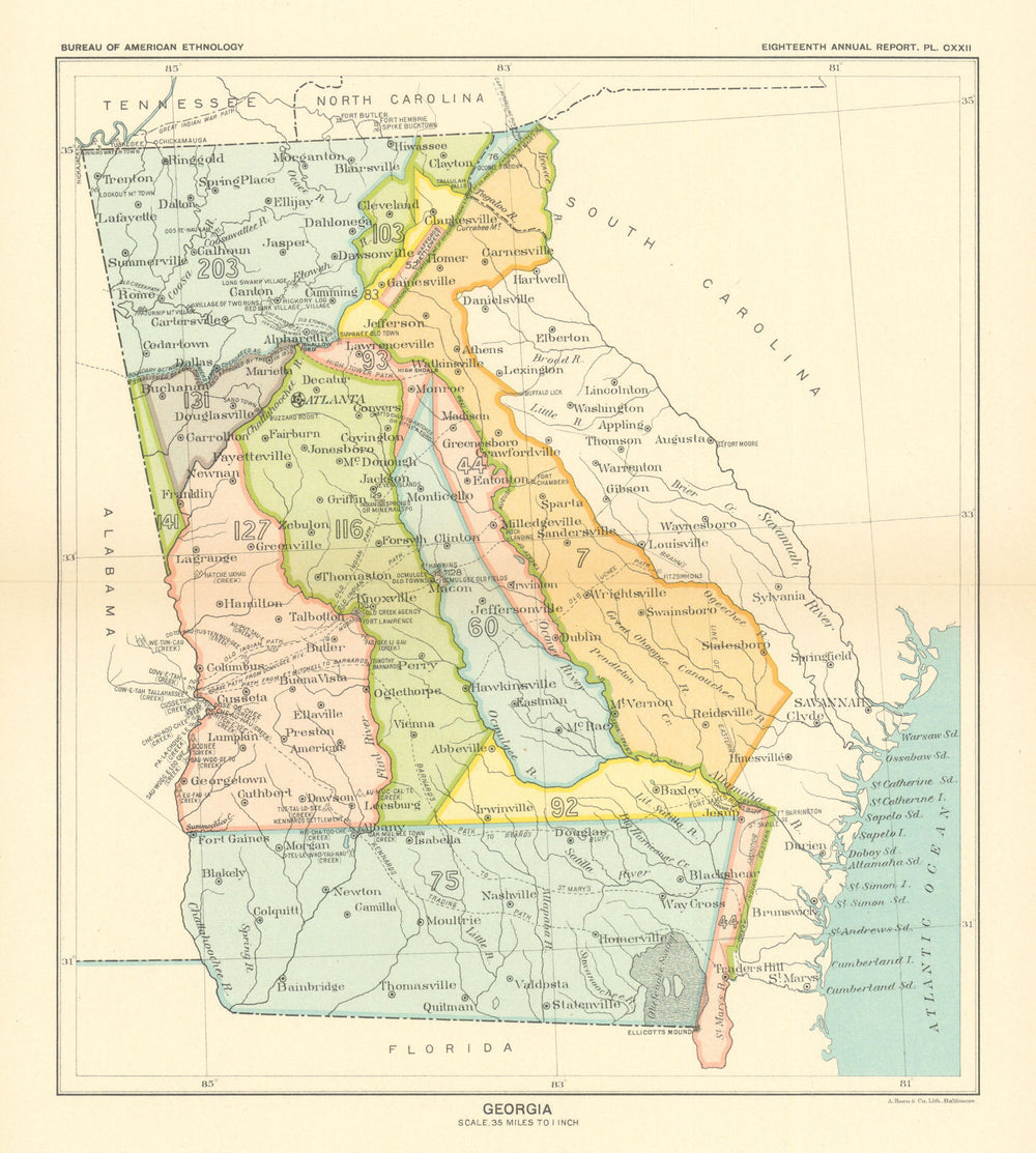 Georgia—Native American land cessions—Creek (Muscogee)—Cherokee—Royce 1899 map