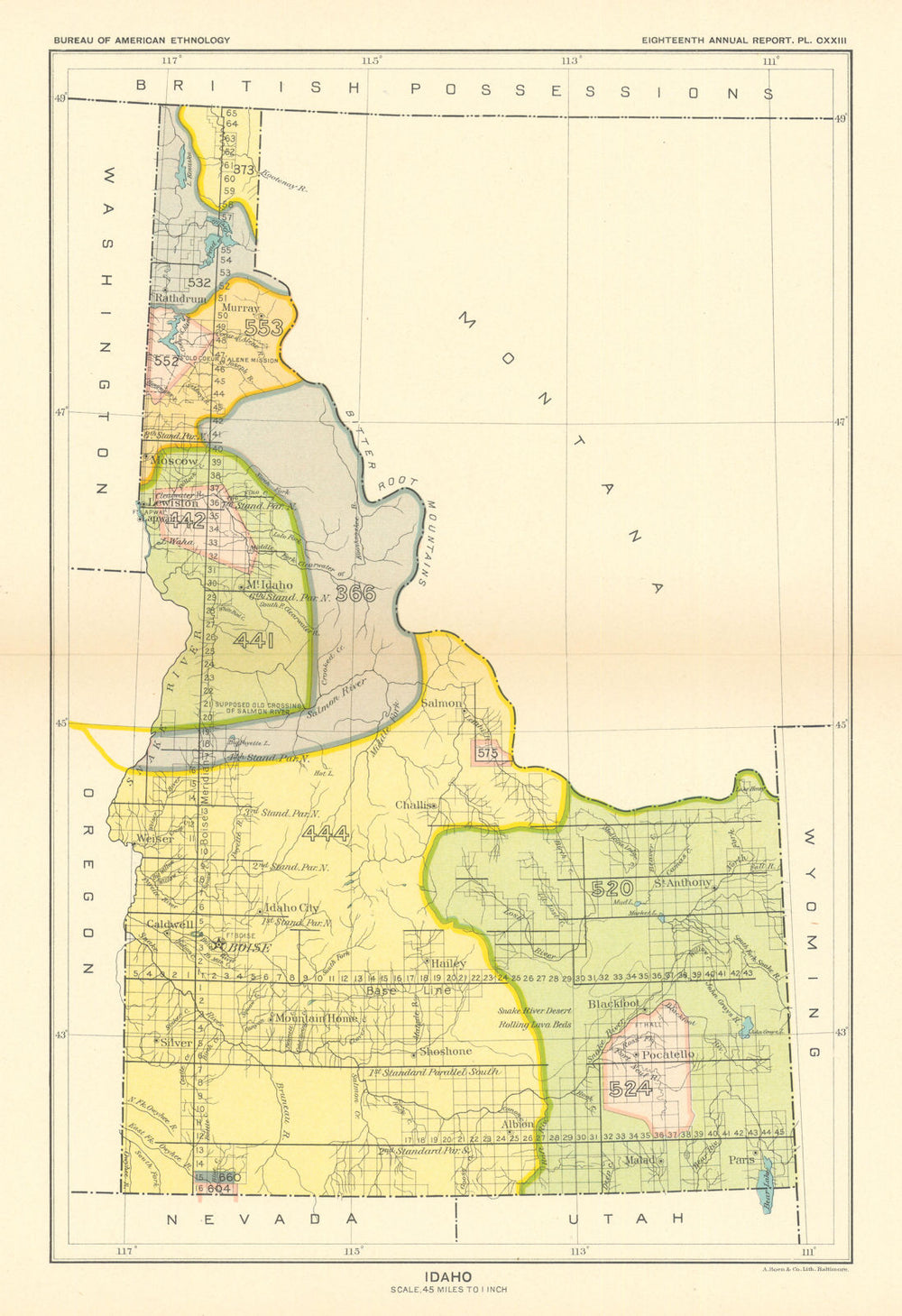 Idaho—Indian land cessions—Shoshone—Bannock—Nez Perce—Flathead—Royce 1899 map