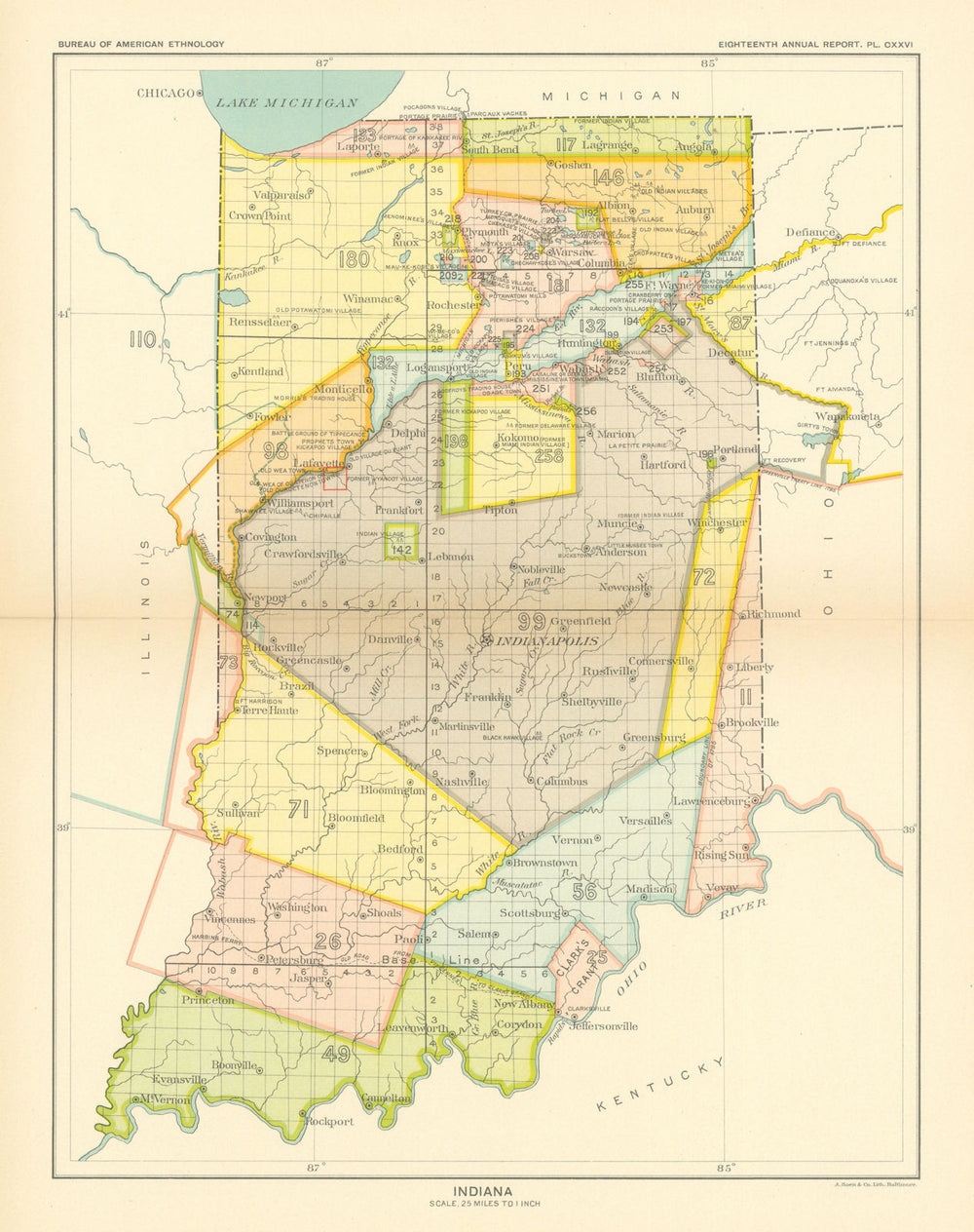 Indiana—Indian land cessions—Miami—Potawatomi—Delaware—Shawnee—Royce 1899 map