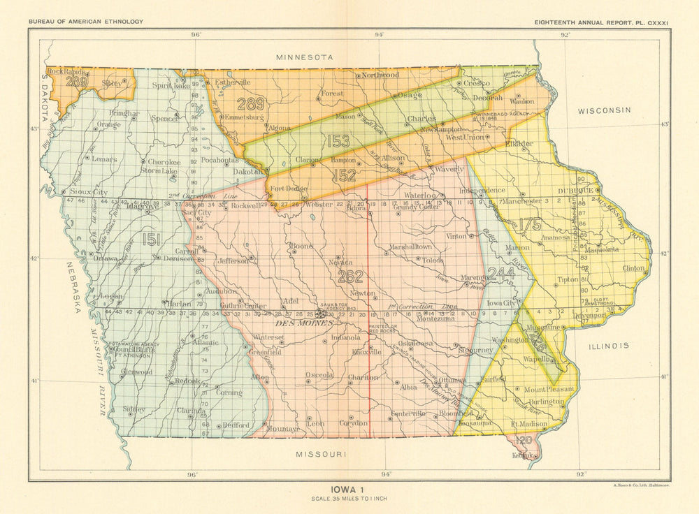 Iowa 1—Indian land cessions—Sauk & Fox—Sioux—Iowa—Neutral Strip—Royce 1899 map