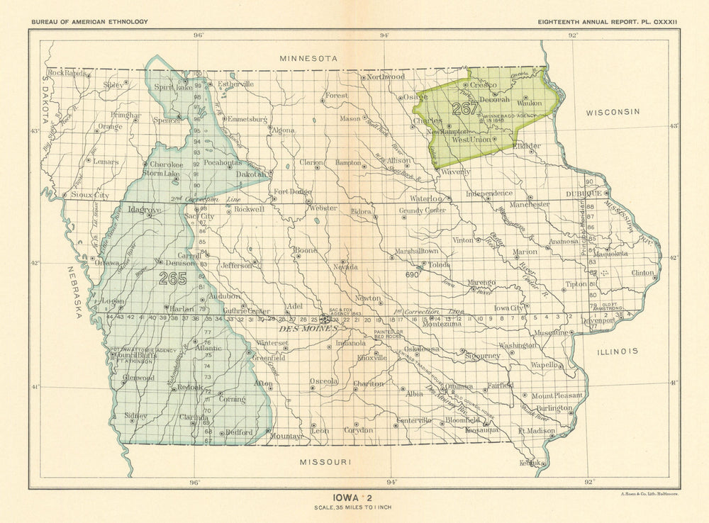 Iowa 2—Indian land cessions—Potawatomi 1846—Winnebago—Sauk & Fox—Royce 1899 map