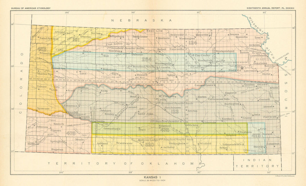 Kansas 1—Indian land cessions—Osage—Kansa—Kiowa—Comanche—Cheyenne—Royce 1899 map