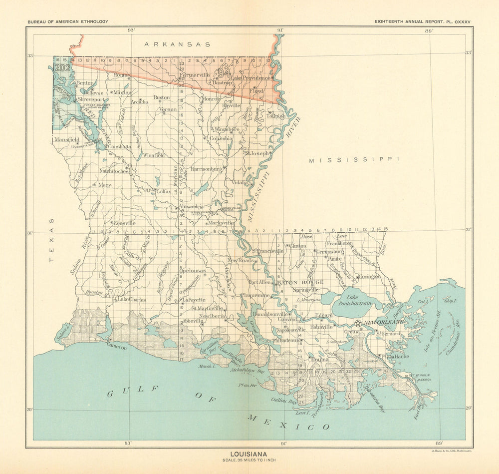Louisiana—Native American land cessions—Quapaw 1818—Caddo 1835—Royce 1899 map