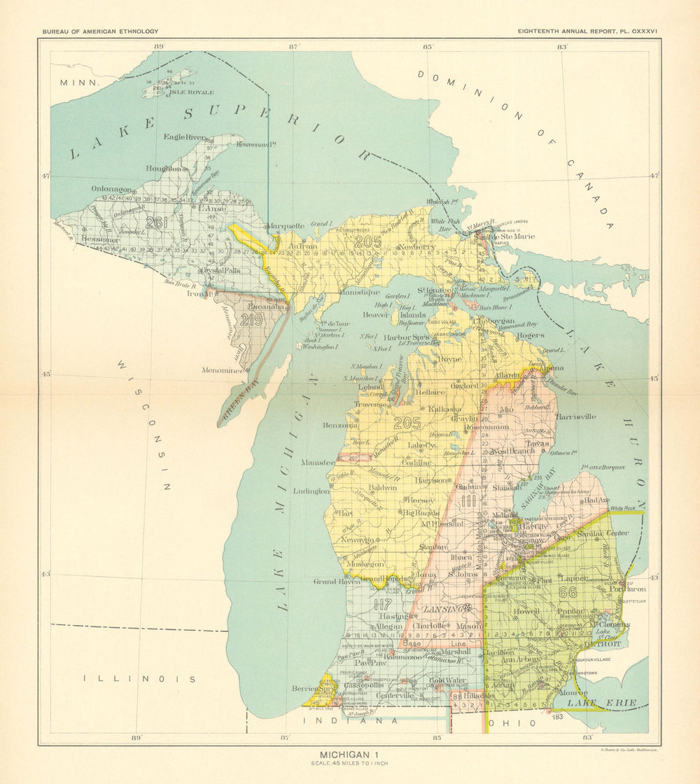 Michigan 1—Indian land cessions—Chippewa—Ottawa—Potawatomi—Royce 1899 old map