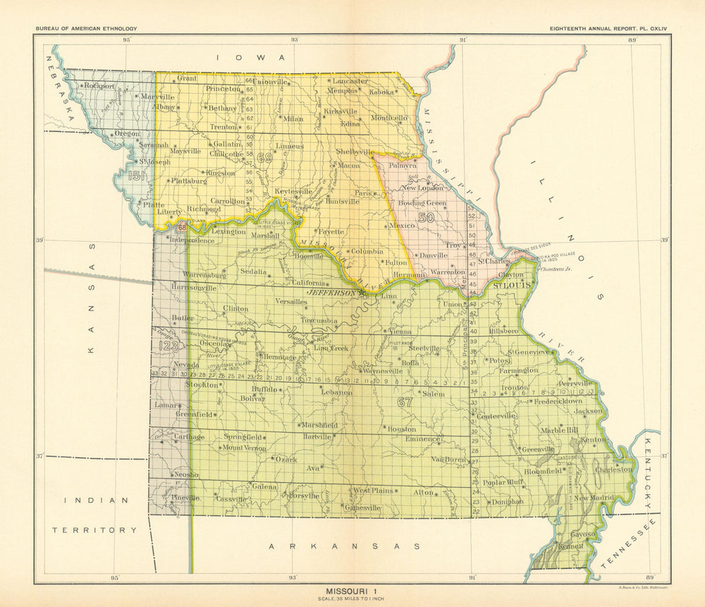 Missouri 1—Indian land cessions—Osage—Iowa—Sauk & Fox—Missouria—Royce 1899 map