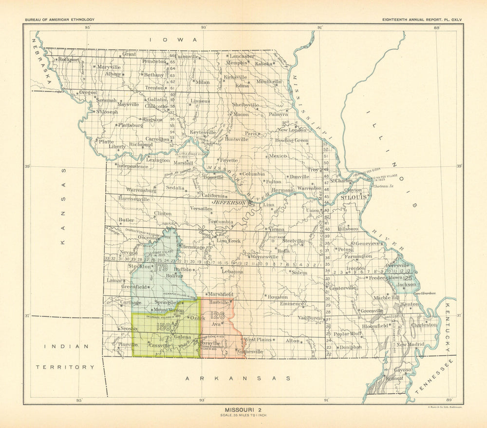 Missouri 2—Indian land cessions 1819–32—Kickapoo—Delaware—Shawnee—Royce 1899 map