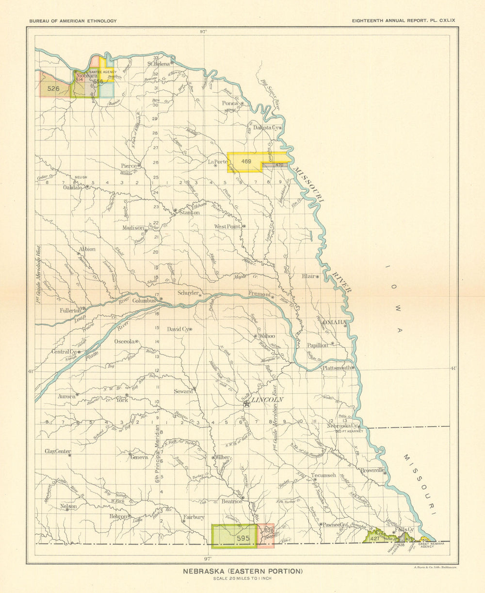 Nebraska (eastern portion)—Indian land cessions—Santee Sioux—Iowa—Royce 1899 map