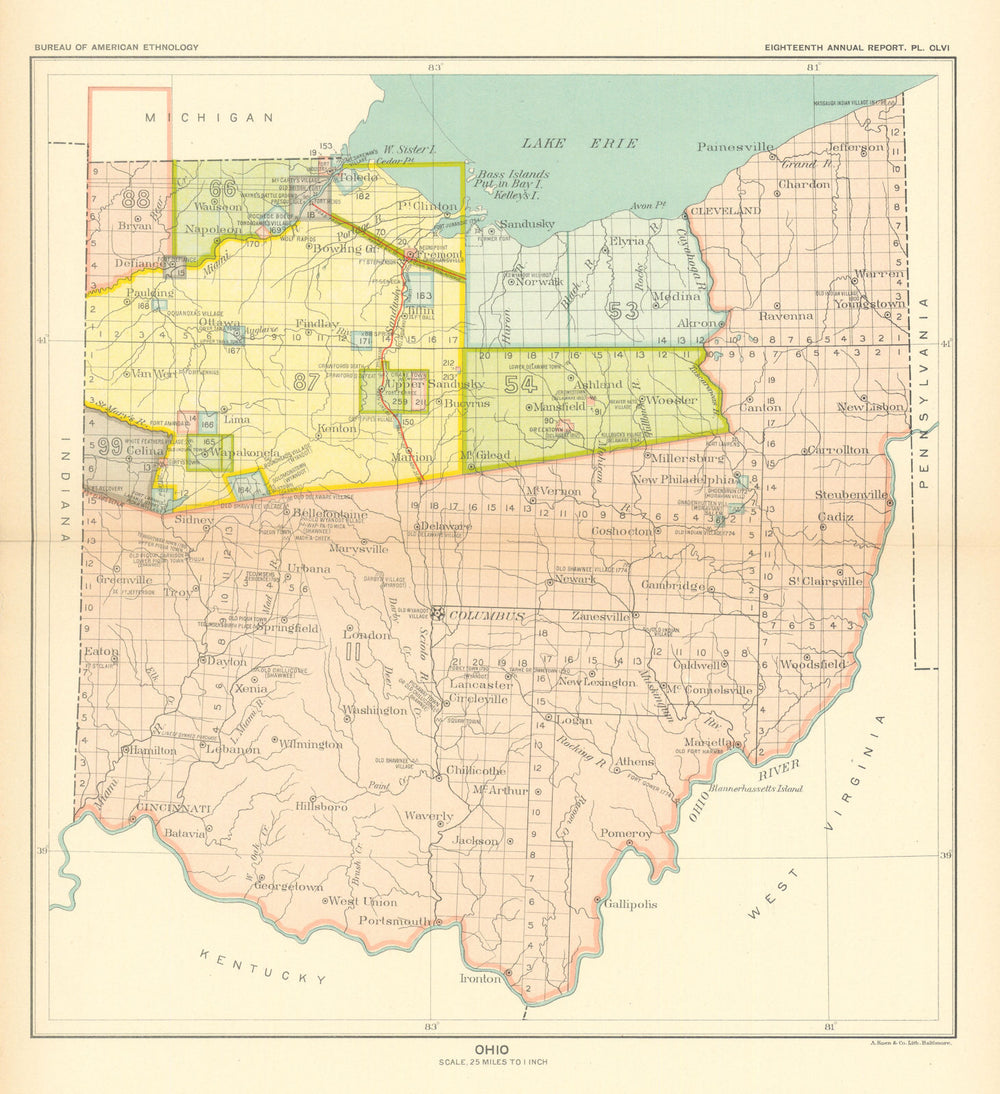 Ohio—Indian land cessions—Wyandot—Delaware—Shawnee—Miami—Ottawa—Royce 1899 map