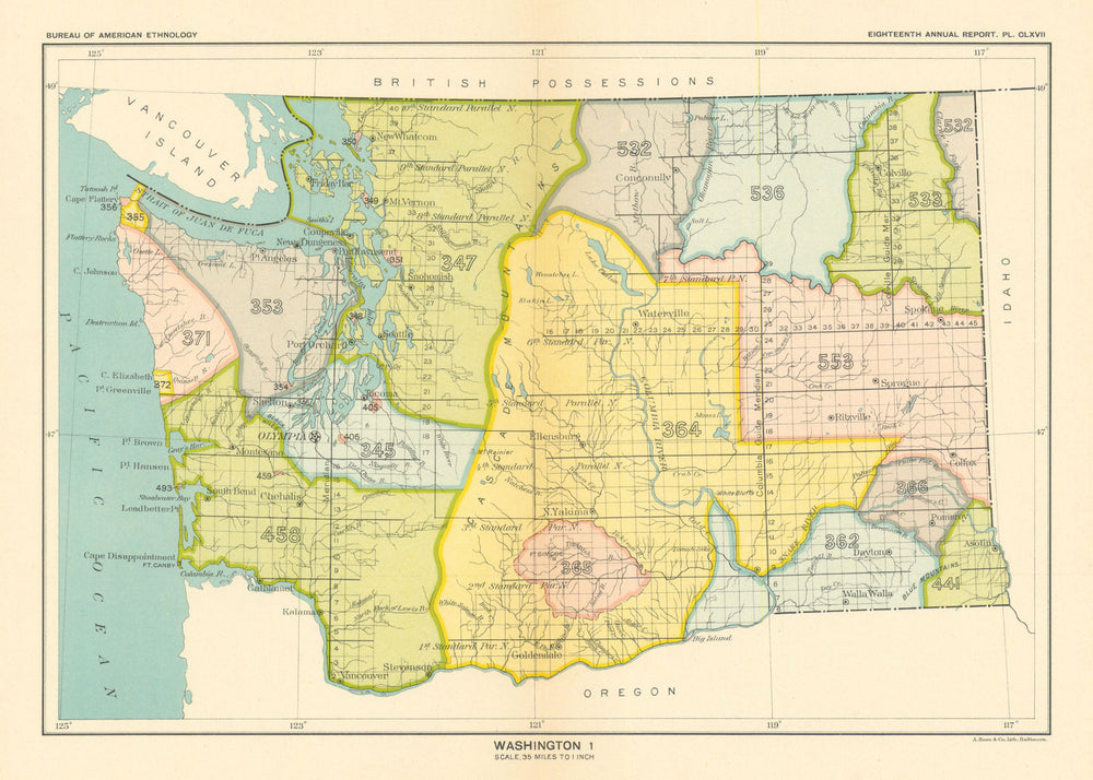 Washington 1—Indian land cessions—Yakama—Duwamish—Suquamish—Makah—Royce 1899 map
