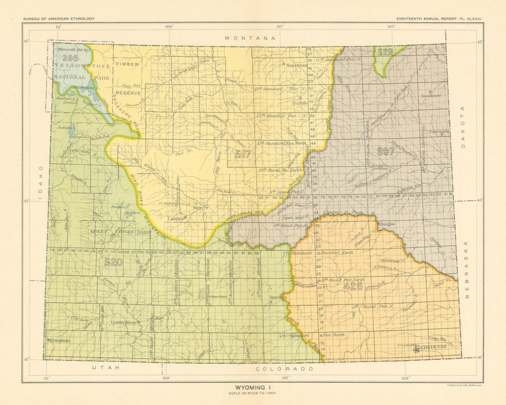 Wyoming 1—Indian land cessions—Shoshone—Bannock—Crow—Sioux—Royce 1899 old map