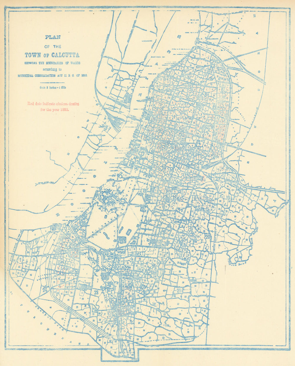 Calcutta/Kolkata—1892 cholera deaths—city disease/epidemiological dot map c1893