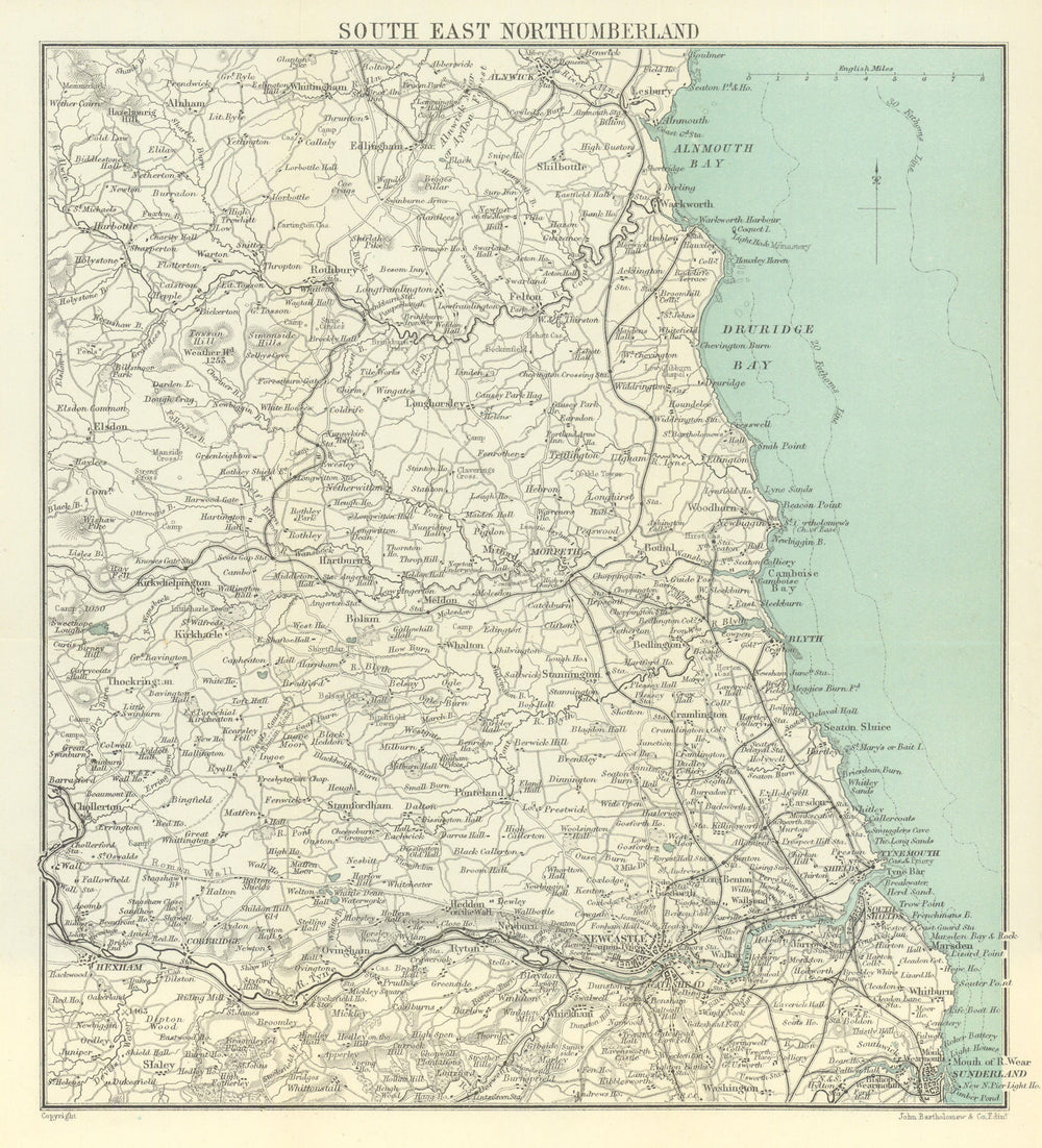 SOUTH EAST NORTHUMBERLAND. Newcastle Morpeth Alnwick. WARD LOCK 1891 old map