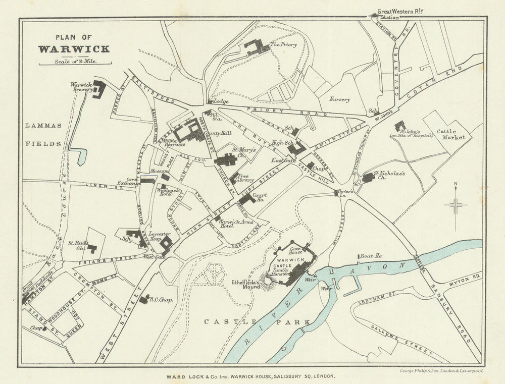 WARWICK antique town/city plan. Warwickshire. WARD LOCK 1902 old map