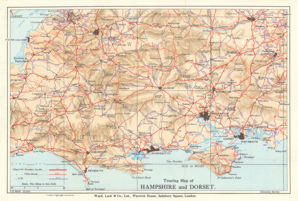 TOURING MAP OF HAMPSHIRE & DORSET. Wiltshire Somerset. WARD LOCK 1935 old
