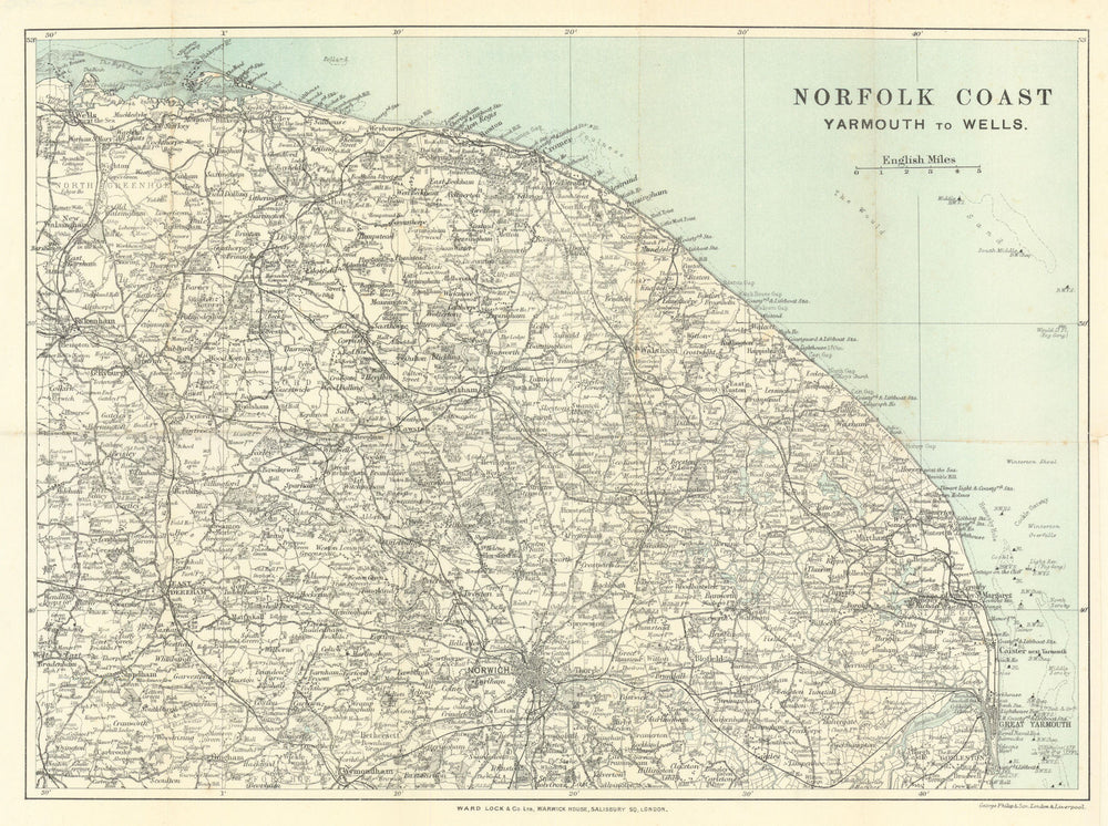 NORFOLK COAST. Yarmouth to Wells. Cromer Sheringham Norwich. WARD LOCK 1900 map