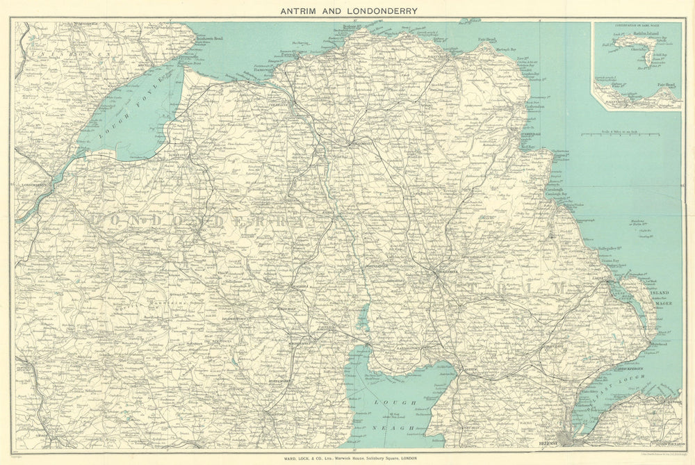 ANTRIM & LONDONDERRY. Lough Neagh. Ireland. WARD LOCK 1938 old vintage map