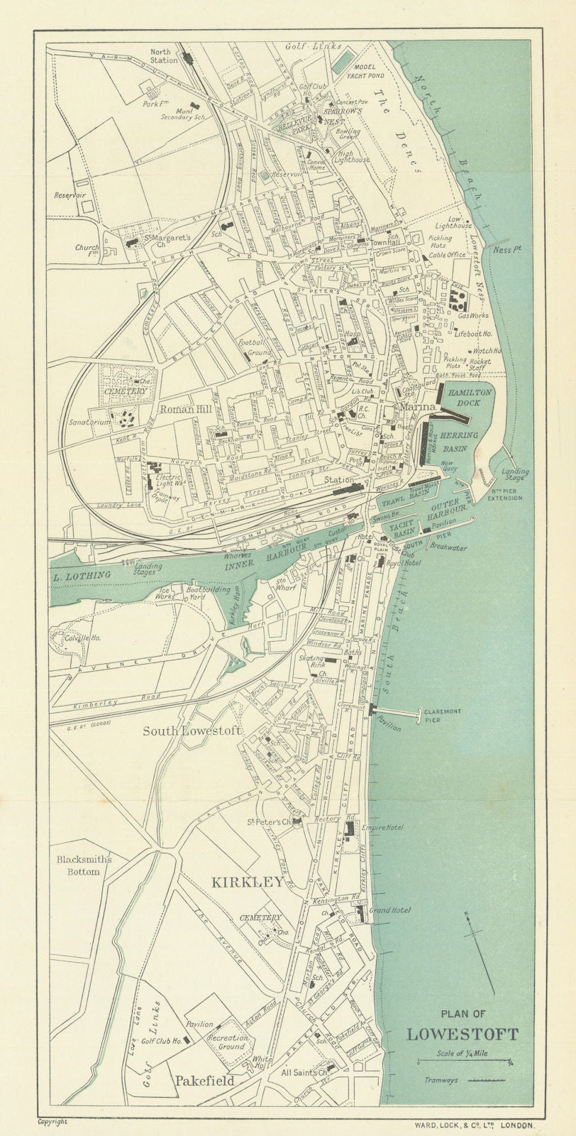LOWESTOFT antique town/city plan. Suffolk. Kirkley. WARD LOCK 1914 old map