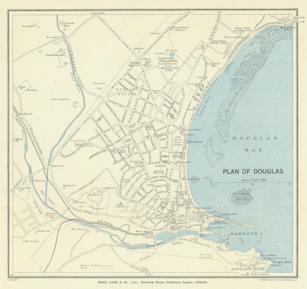 DOUGLAS vintage town/city plan. Isle of Man. WARD LOCK 1936 old vintage map