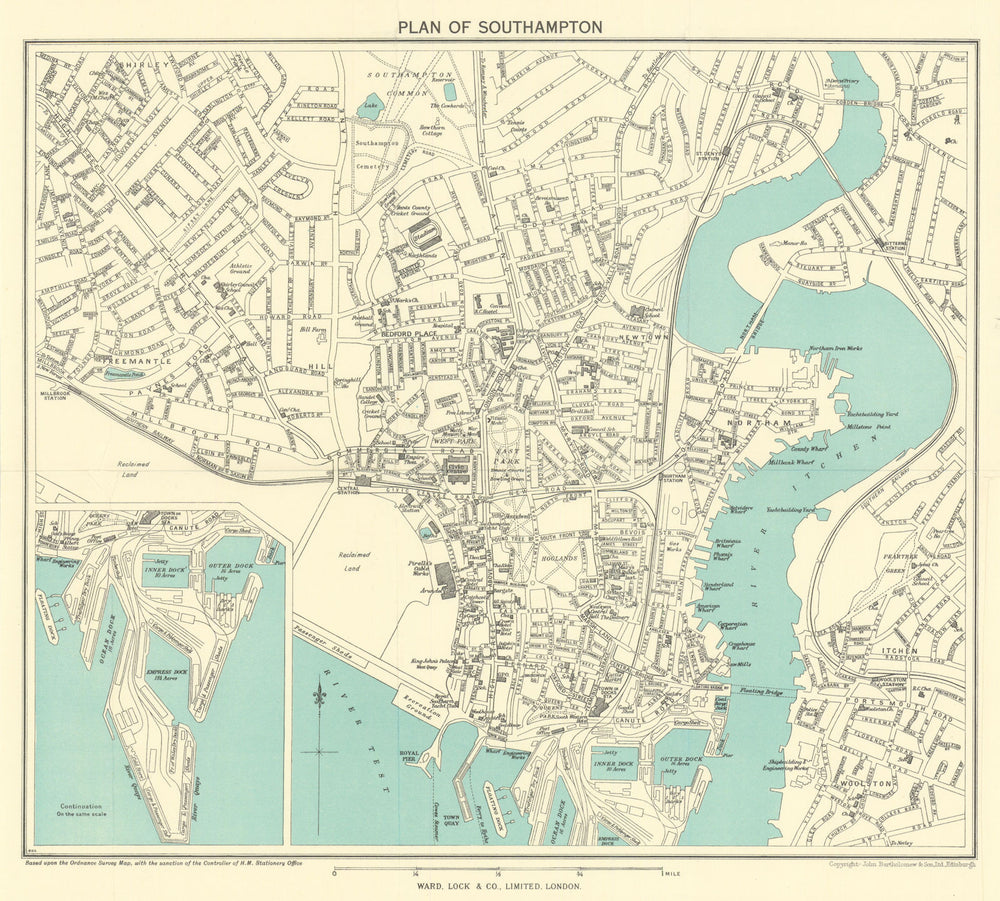 SOUTHAMPTON vintage town/city plan. Hampshire. WARD LOCK 1952 old vintage map