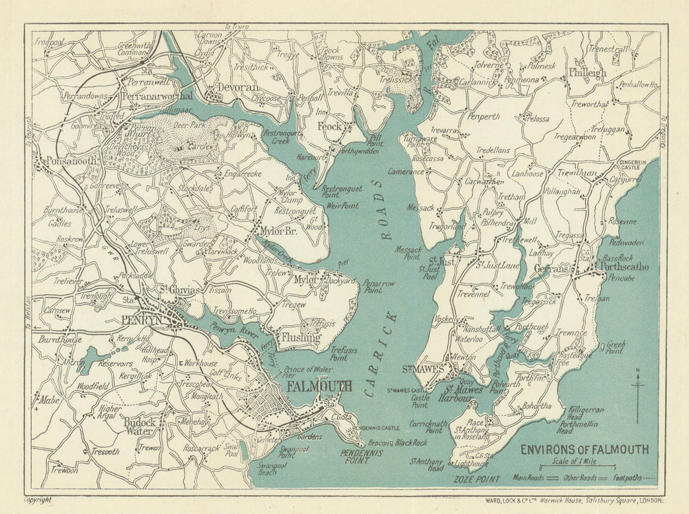 FALMOUTH environs. Carrick Roads Penryn St Mawes. Cornwall. WARD LOCK 1919 map