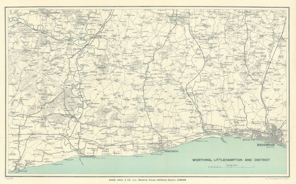 SUSSEX COAST/South Downs. Bognor Regis-Littlehampton-Worthing-Brighton 1917 map