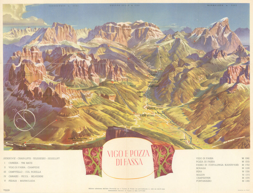 Vigo e Pozza di Fassa—Dolomites—San Giovanni—Sèn Jan panorama map—Berann 1956
