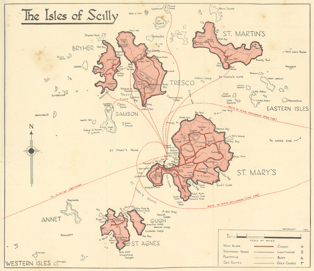 The Isles of Scilly—folding map & Standard Guide Book—RMS Scillonian route c1948