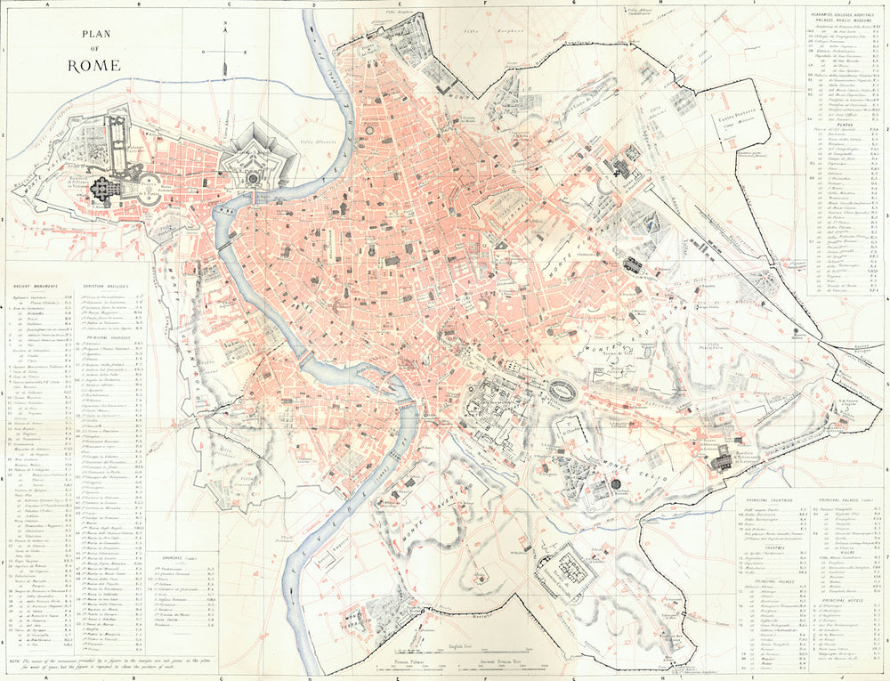 ITALY. Colour Town City plan of Rome - LARGE 1872 old antique map chart