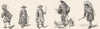 TRADES. Fishmonger, Hackney Coachman 1680, mountebank 1845 old antique print