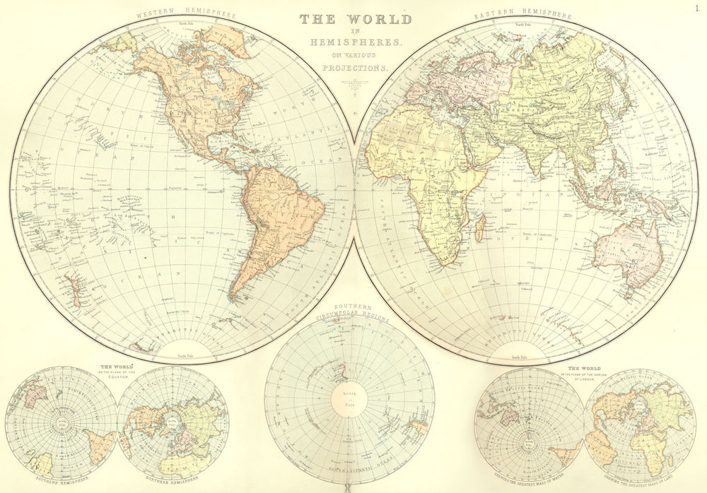 WORLD TWIN HEMISPHERES. On various projections. BLACKIE 1893 old antique map