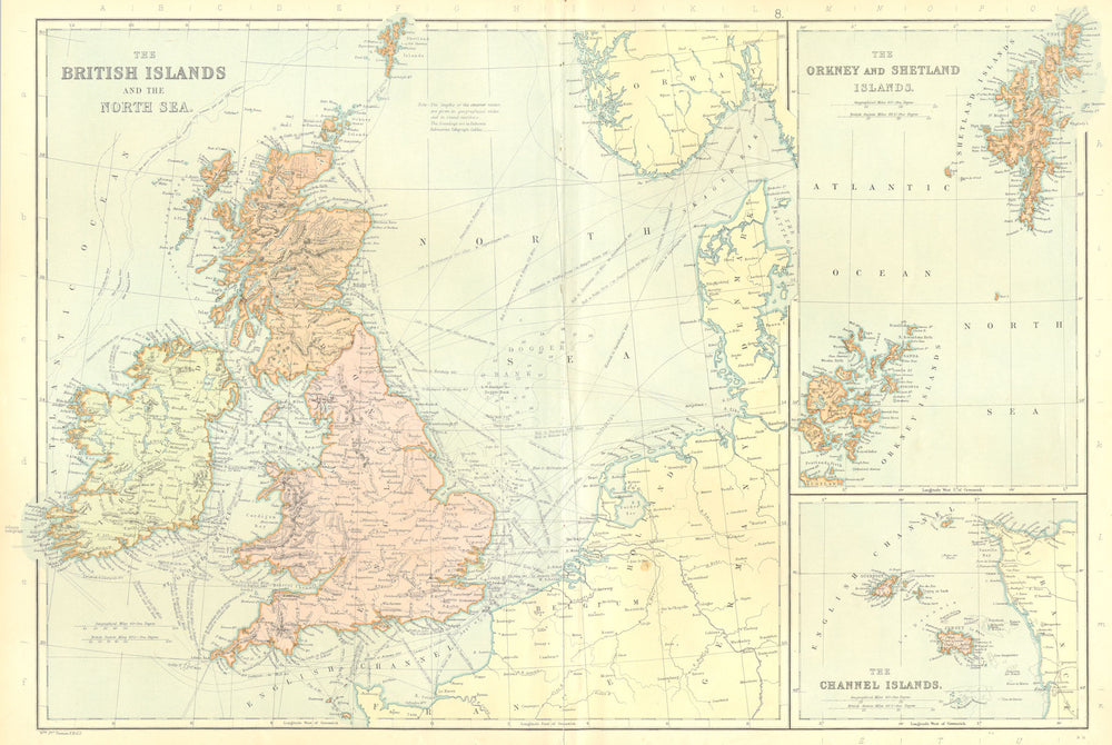 BRITISH ISLES & NORTH SEA. Orkney Shetland & Channel islands. BLACKIE 1893 map