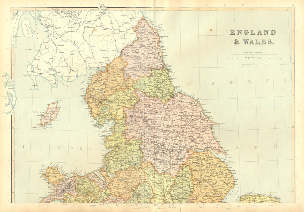 ENGLAND & WALES NORTH. Counties, railways & canals. BLACKIE 1893 old map