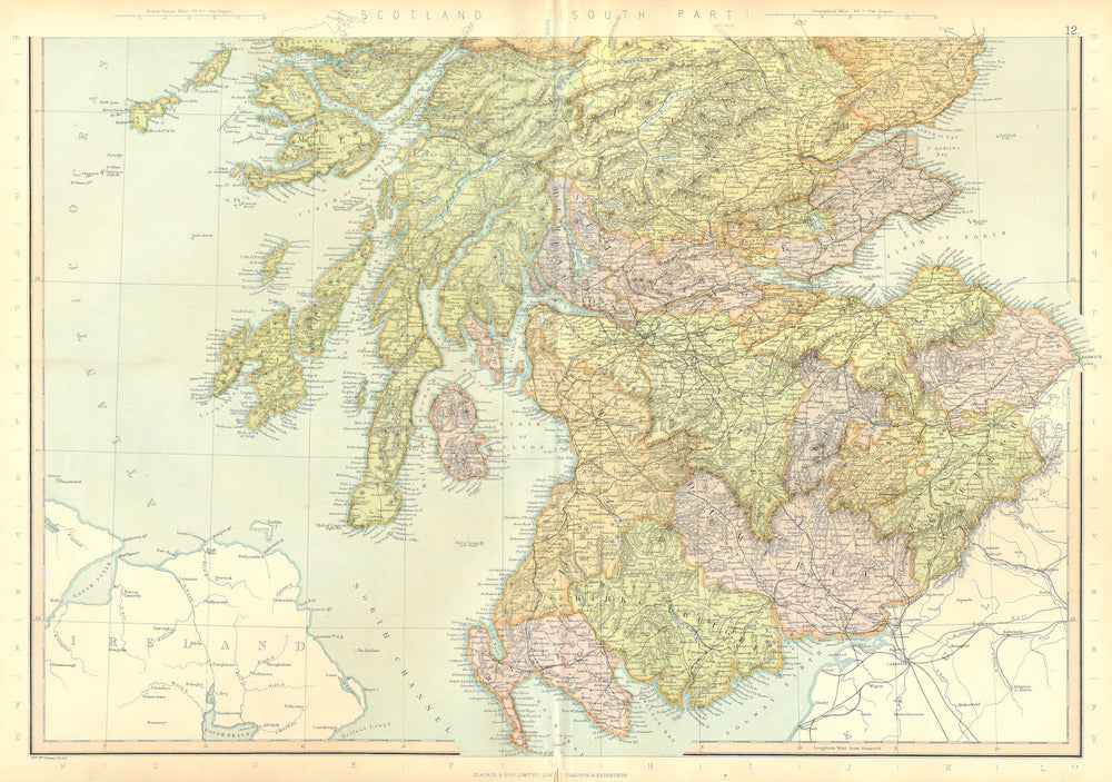 SCOTLAND SOUTH. Railways & counties. BLACKIE 1893 old antique map plan chart
