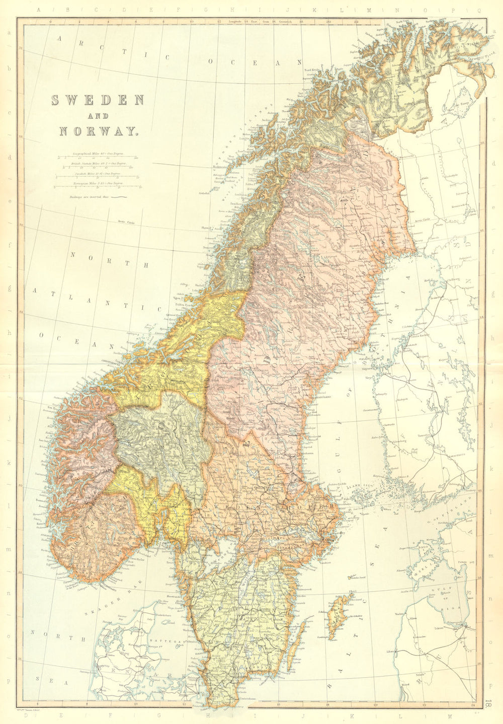 SCANDINAVIA. Sweden & Norway.Scale in Swedish/Norwegian miles.BLACKIE 1893 map