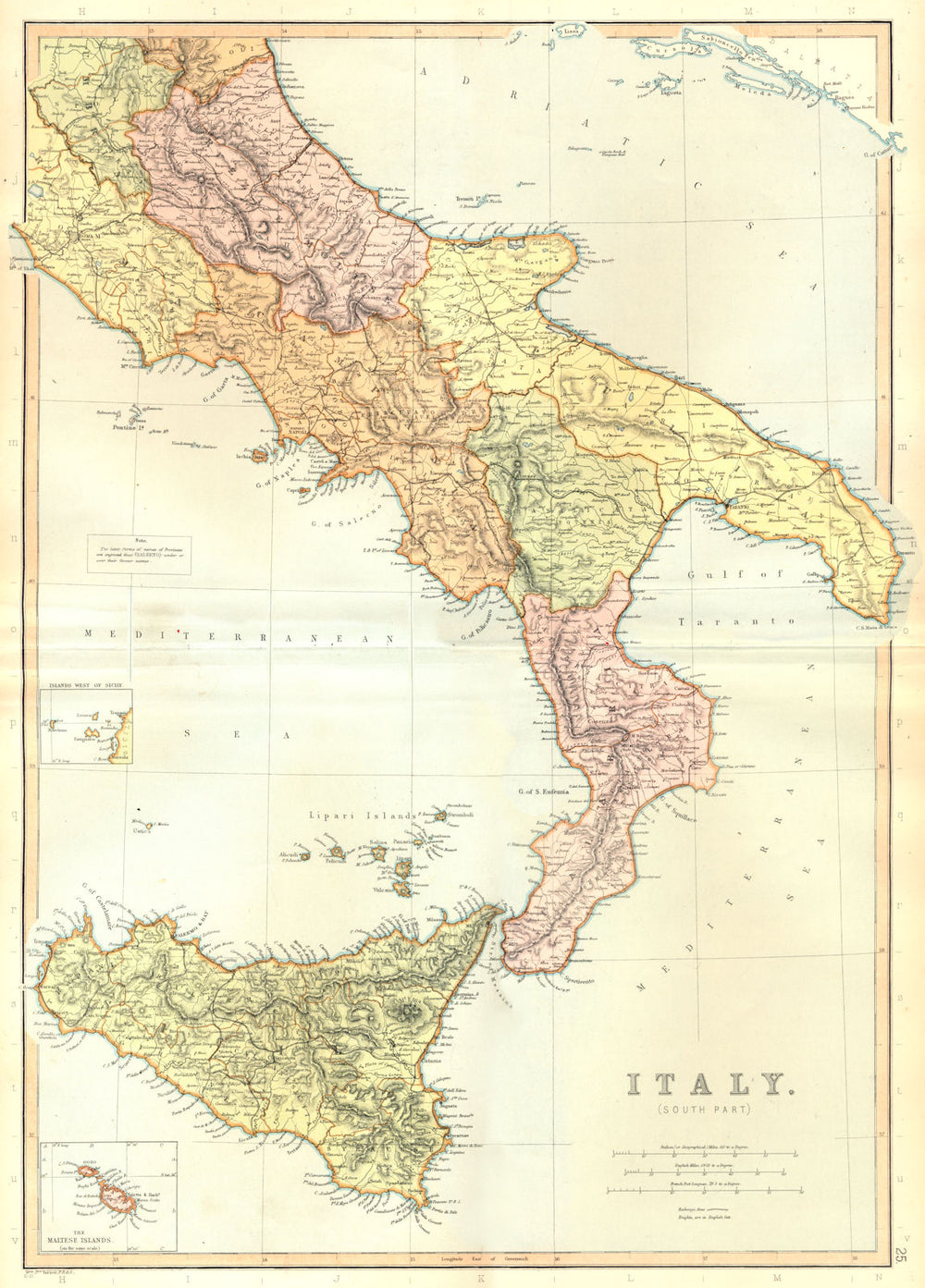 ITALY SOUTH. Shows railways. Scale Italian Miles Post Leagues.BLACKIE 1893 map