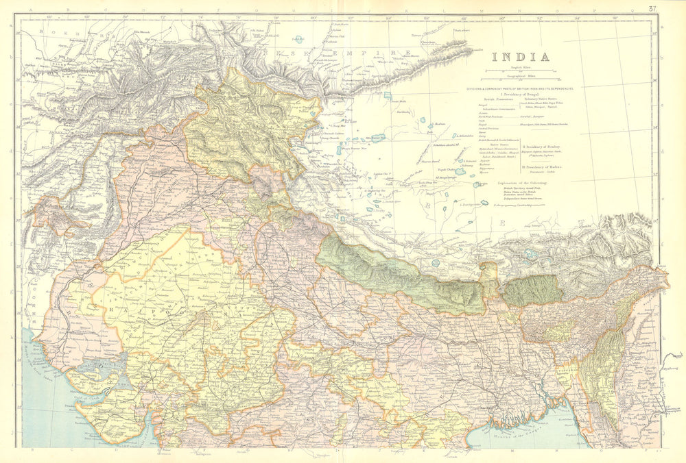 BRITISH INDIA NORTH. Nepal Bhutan. Native states. Railways. BLACKIE 1893 map