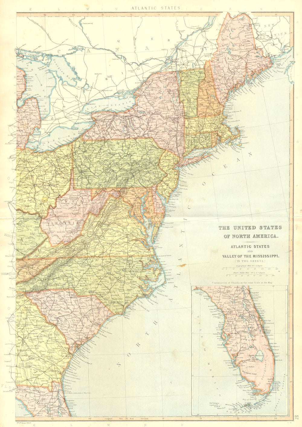 USA Eastern Seaboard. FL NC SC NY NJ VA CT DE MD PA WV. BLACKIE 1893 old map