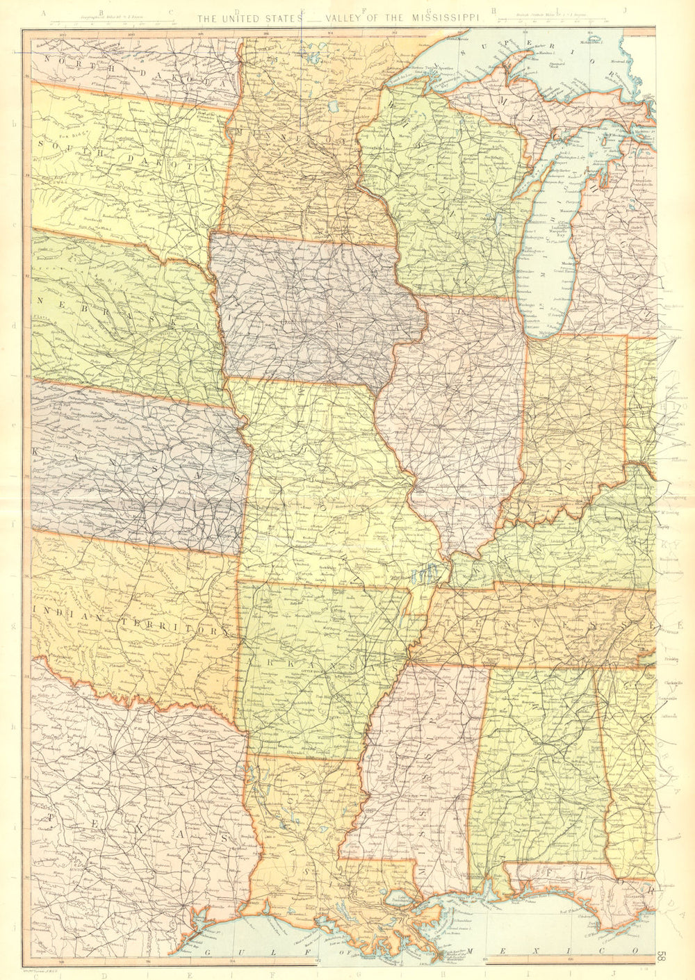 MISSISSIPPI VALLEY. USA. LA AR MO MN WI IL MS AL. BLACKIE 1893 old antique map