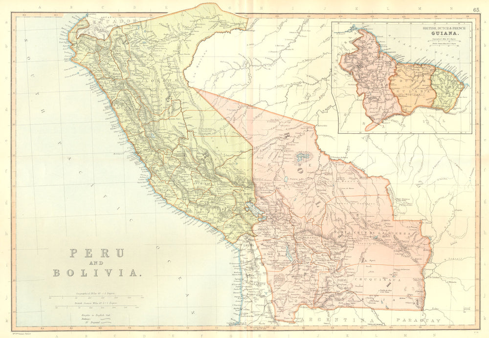 PERU & BOLIVIA. & British French Dutch Guiana Guyana Suriname.BLACKIE 1893 map