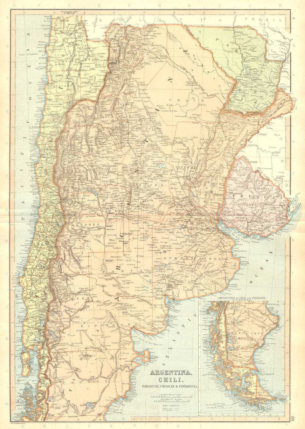 ARGENTINA CHILE PARAGUAY URUGUAY. Railways. Patagonia. BLACKIE 1893 old map