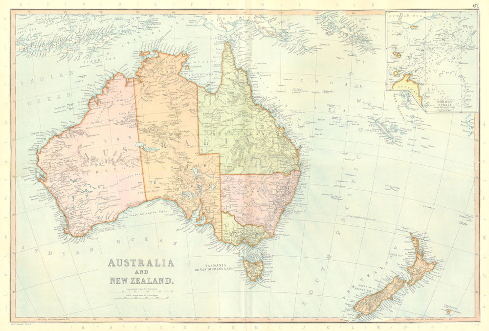 AUSTRALIA & NEW ZEALAND. showing states. Inset Torres Strait. BLACKIE 1893 map